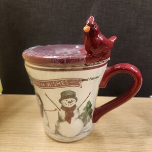St. Nicholas Square Red Snowman Mug with Cardinal Lid